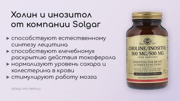Комплекс на основе холина Solgar (витамин B4) и инозита (витамин B8). Состав, инструкция по применению, где купить дешевле всего. Обобщенные обзоры